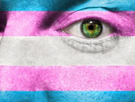 Ein mit den Farben der BiGenderPride-Flagge bemaltes Gesicht